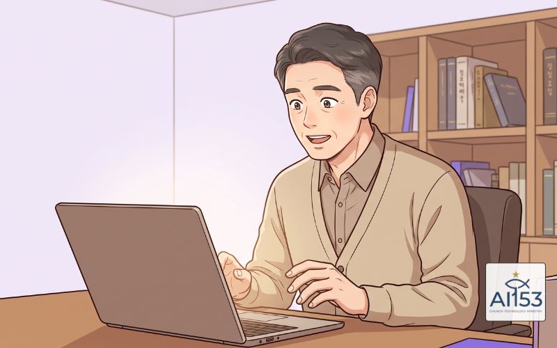 구글 워크스페이스 비영리 혜택을 확인하는 목사님 일러스트