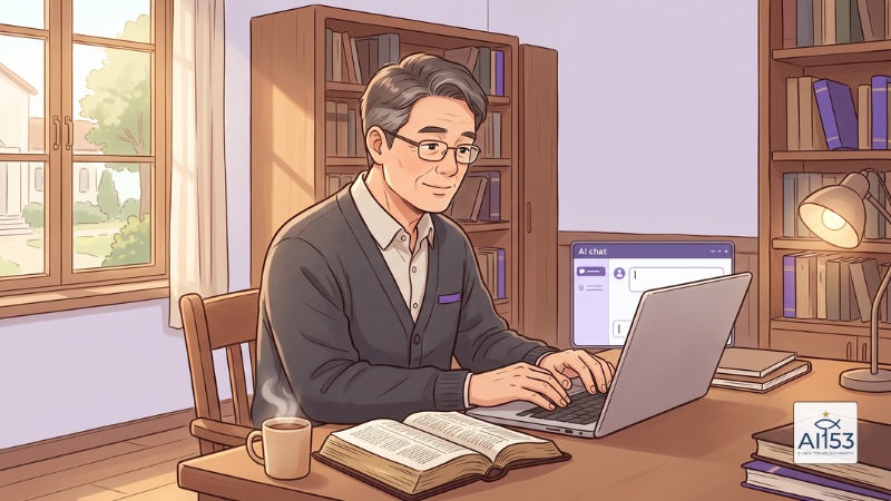 서재에서 노트북으로 AI에 설교 프롬프트를 입력하는 목사님 일러스트