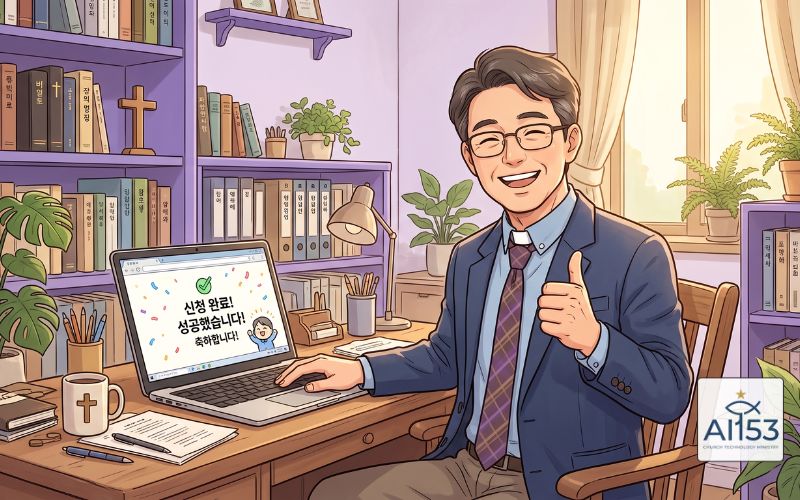 구글 워크스페이스 비영리 전환 완료를 기뻐하는 목사님 일러스트