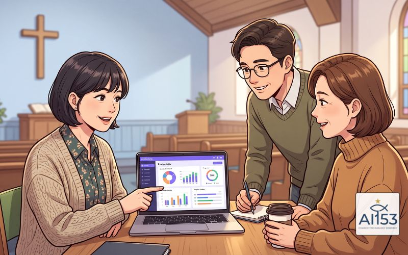 구글 워크스페이스를 함께 살펴보는 교회 행정팀 회의 일러스트