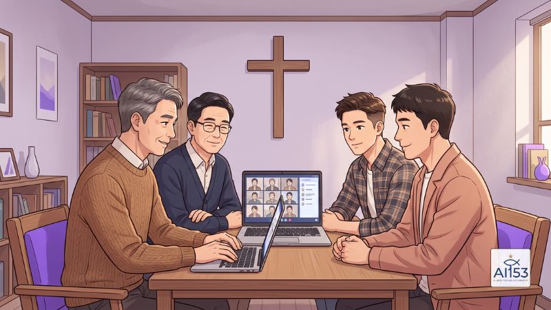 구글 Meet 화상 회의 중인 장로님과 집사님들 일러스트