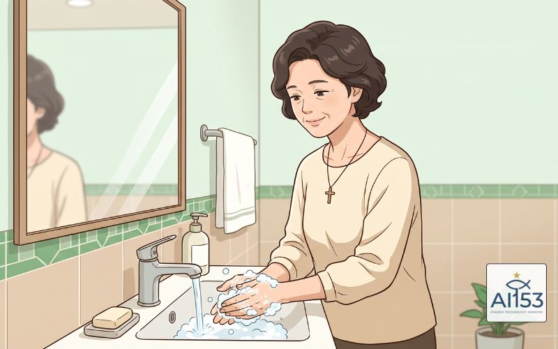 비누로 손을 씻는 권사님 일러스트