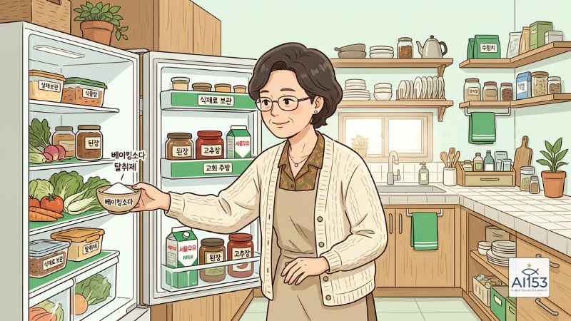 베이킹소다로 냄새 제거하는 권사님 일러스트