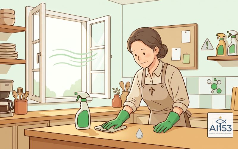 장갑을 끼고 환기하며 청소하는 봉사자 일러스트