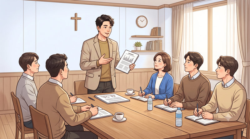 교회 제직회에서 예산안을 발표하는 장면