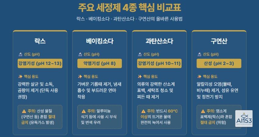 락스 베이킹소다 과탄산소다 구연산 4종 비교표 인포그래픽