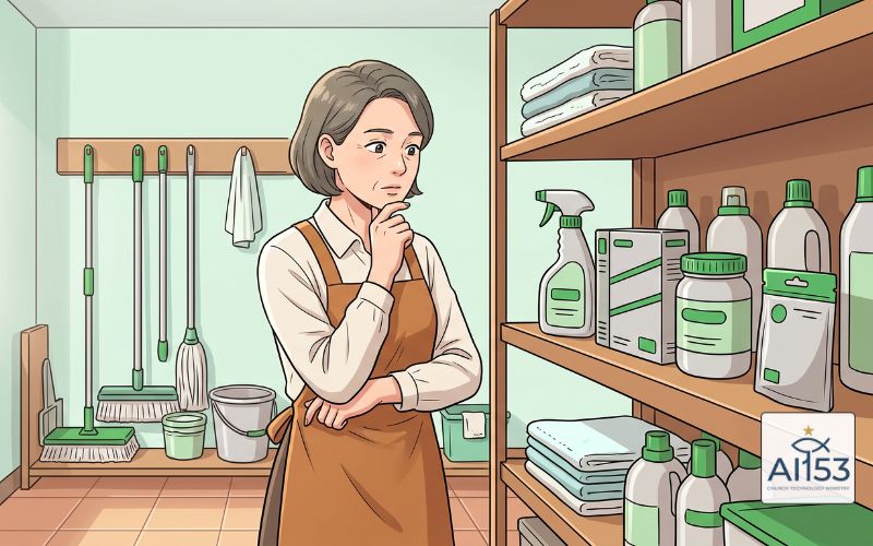 청소용품 앞에서 고민하는 권사님 일러스트