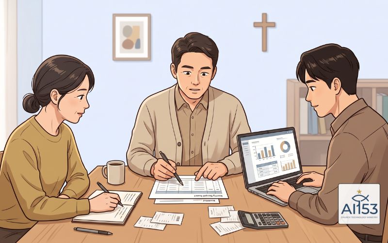 교회 재정 보고서를 함께 검토하는 회의 장면 일러스트