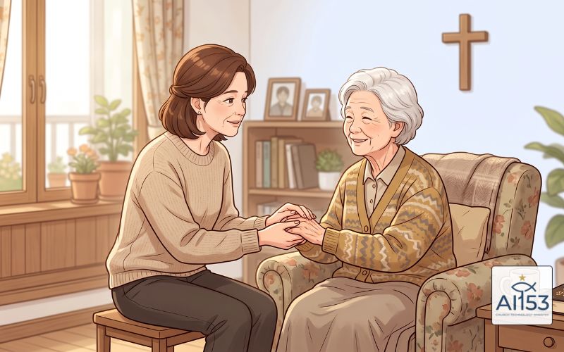 성도를 심방하며 위로하는 권사님 일러스트
