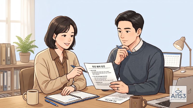 교회 사무실에서 안건을 어느 회의에 올릴지 검토하는 장면